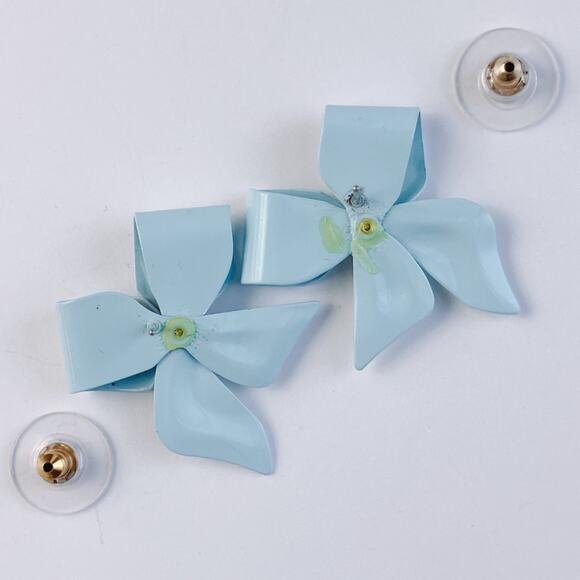 VTG Enamel Bow Earrings Aqua Blue Gold Tone Rhinestone Post Dore Style 80s-90s - Picture 8 of 12